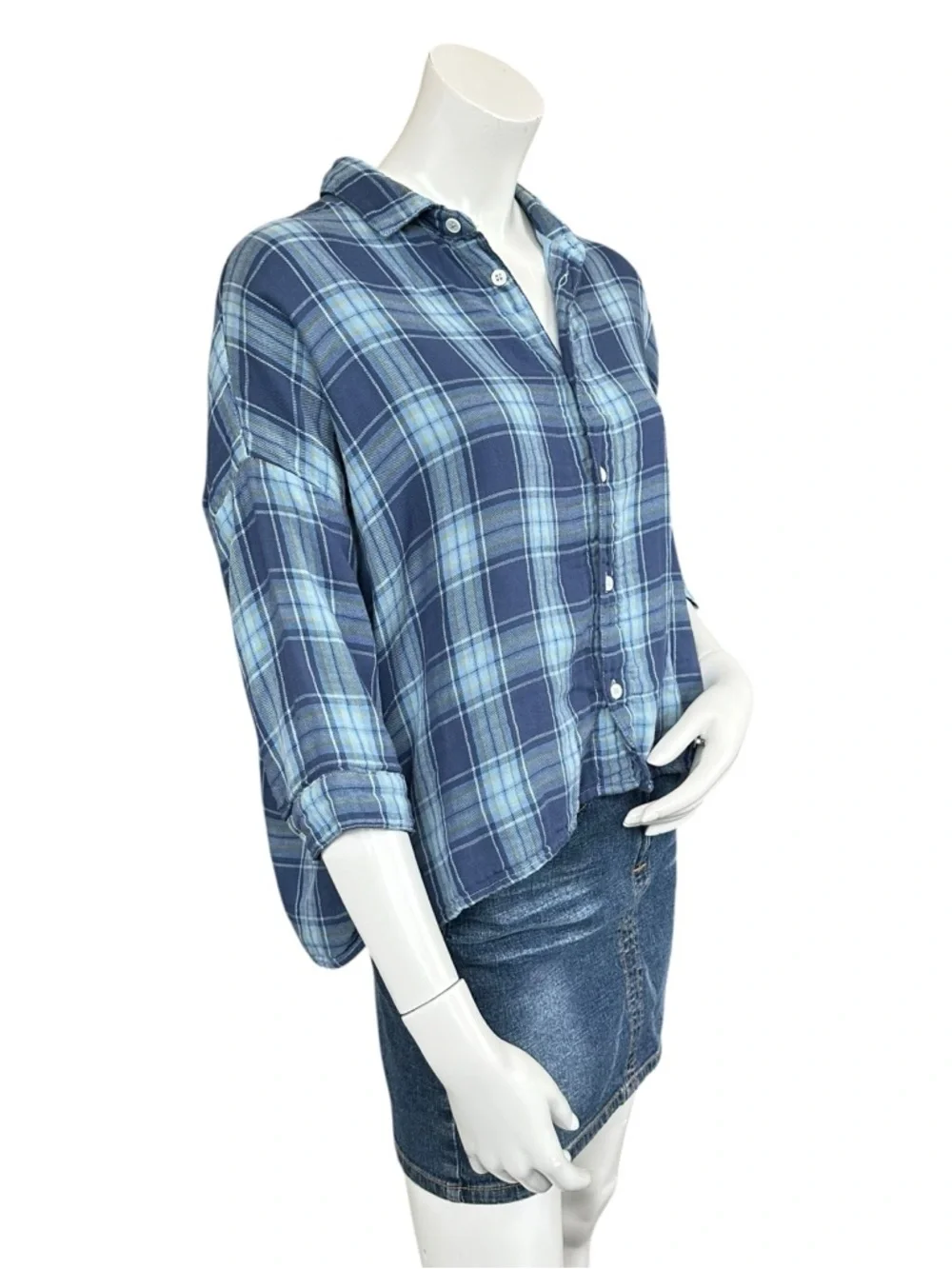 CP Shades Blue Yellow Plaid Cropped Boxy Drop Shoulder Cotton Button Down Top S - Picture 4 of 8